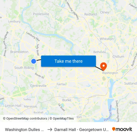 Washington Dulles Airport to Darnall Hall - Georgetown University map