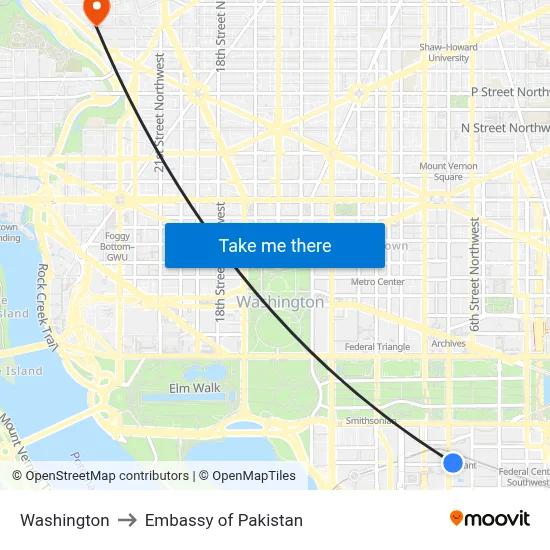 Washington to Embassy of Pakistan map