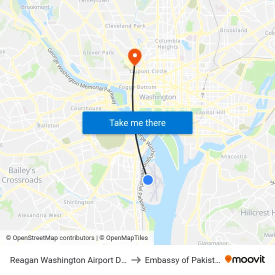 Reagan Washington Airport DCA to Embassy of Pakistan map