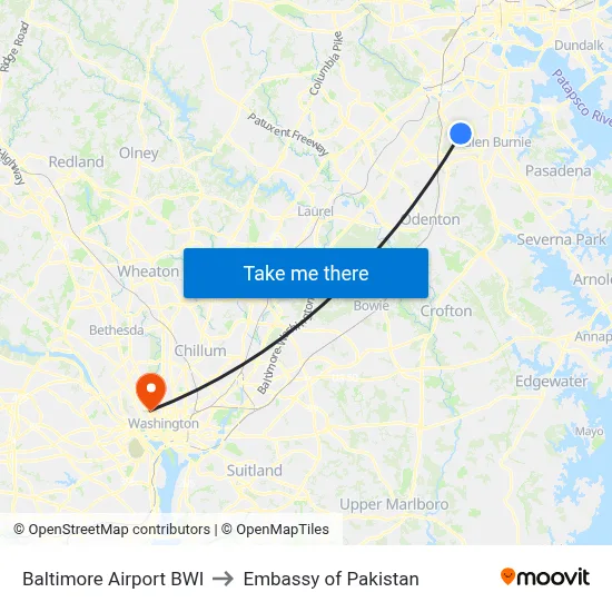 Baltimore Airport BWI to Embassy of Pakistan map