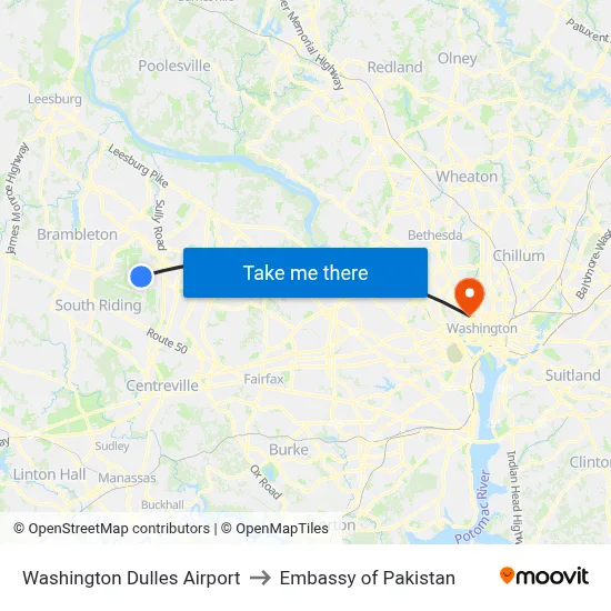 Washington Dulles Airport to Embassy of Pakistan map
