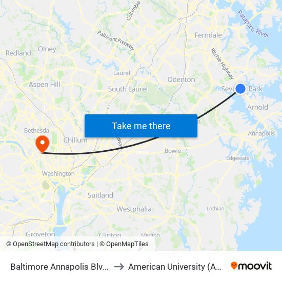 Baltimore Annapolis Blvd & Marbury Rd Sb to American University (AU) - Tenley Campus map