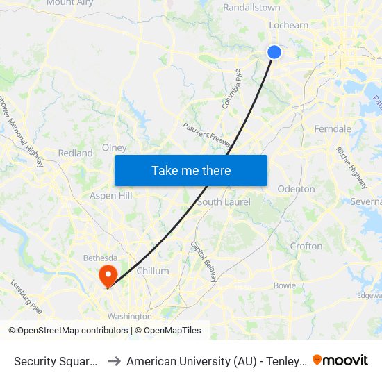 Security Square Mall to American University (AU) - Tenley Campus map