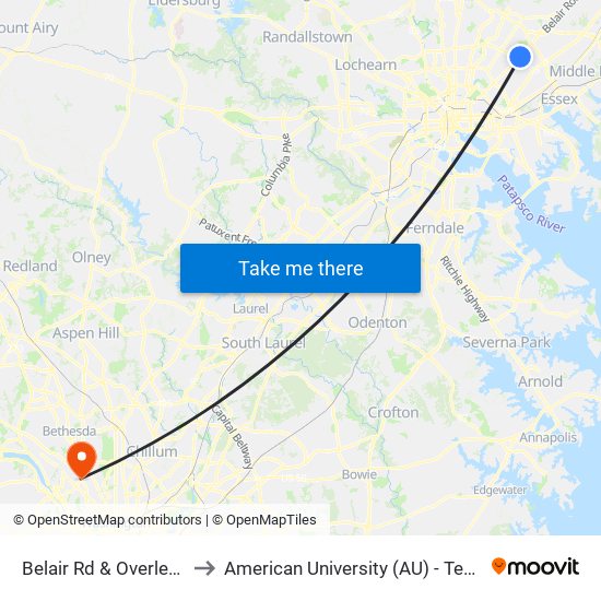 Belair Rd & Overlea Ave Nb to American University (AU) - Tenley Campus map