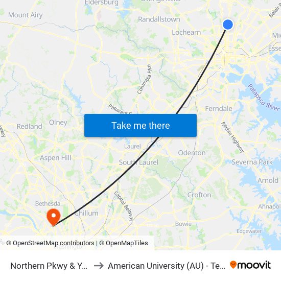 Northern Pkwy & York Rd Eb to American University (AU) - Tenley Campus map