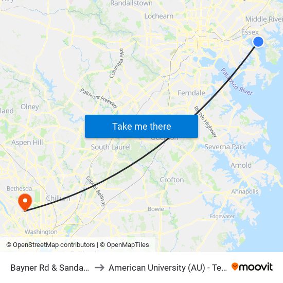 Bayner Rd & Sandalwood Rd to American University (AU) - Tenley Campus map
