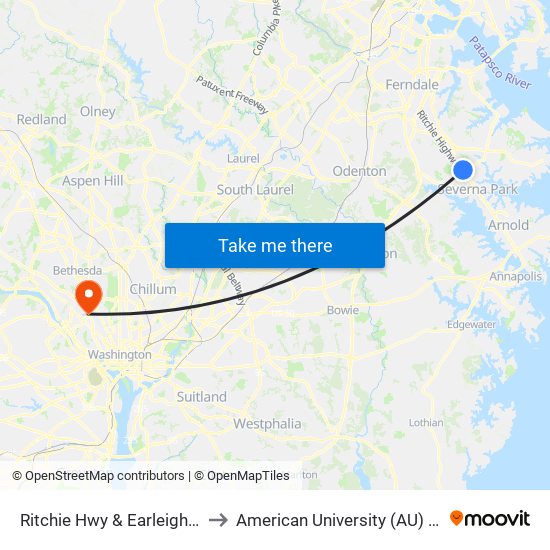 Ritchie Hwy & Earleigh Heights Rd Sb to American University (AU) - Tenley Campus map