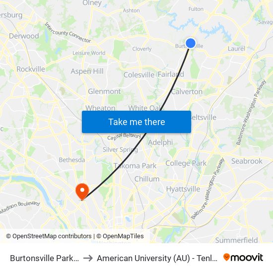 Burtonsville Park & Ride to American University (AU) - Tenley Campus map