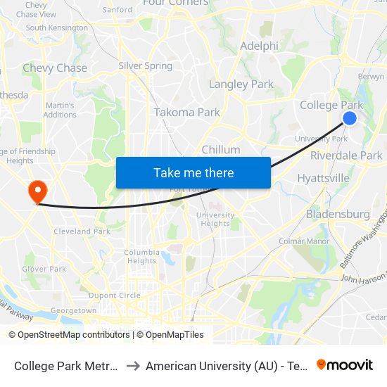 College Park Metro Station to American University (AU) - Tenley Campus map