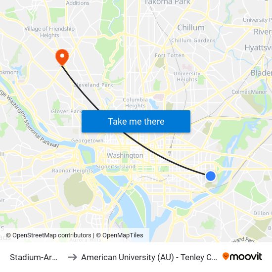 Stadium-Armory to American University (AU) - Tenley Campus map