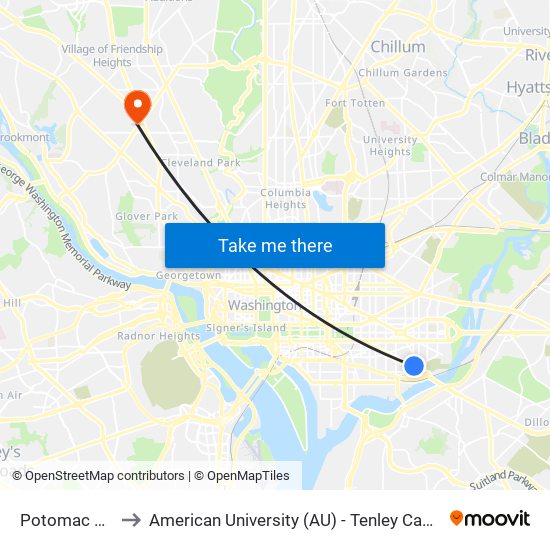 Potomac Ave to American University (AU) - Tenley Campus map