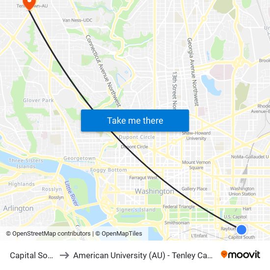 Capital South to American University (AU) - Tenley Campus map