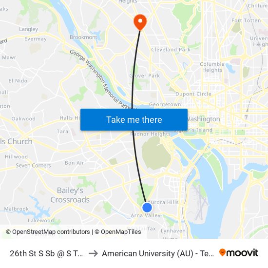 26th St S Sb @ S Troy St Ns to American University (AU) - Tenley Campus map