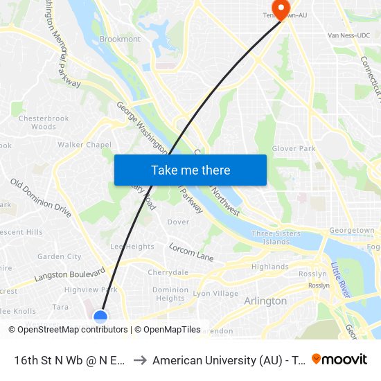 16th St N Wb @ N Edison St Ns to American University (AU) - Tenley Campus map