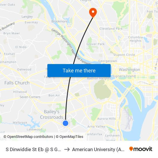 S Dinwiddie St Eb @ S George Mason Dr FS to American University (AU) - Tenley Campus map