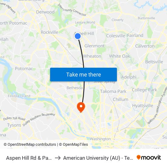 Aspen Hill Rd & Parkland Dr to American University (AU) - Tenley Campus map