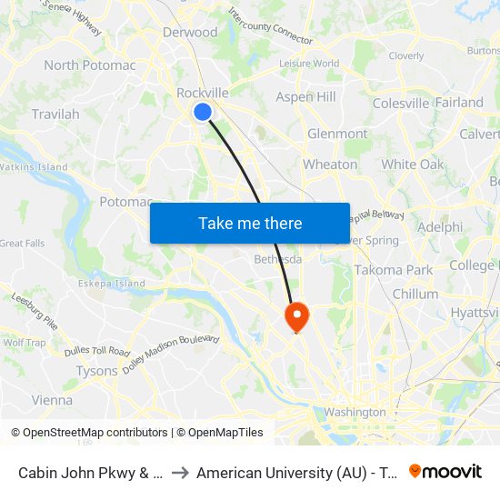 Cabin John Pkwy & Lynfield Dr to American University (AU) - Tenley Campus map