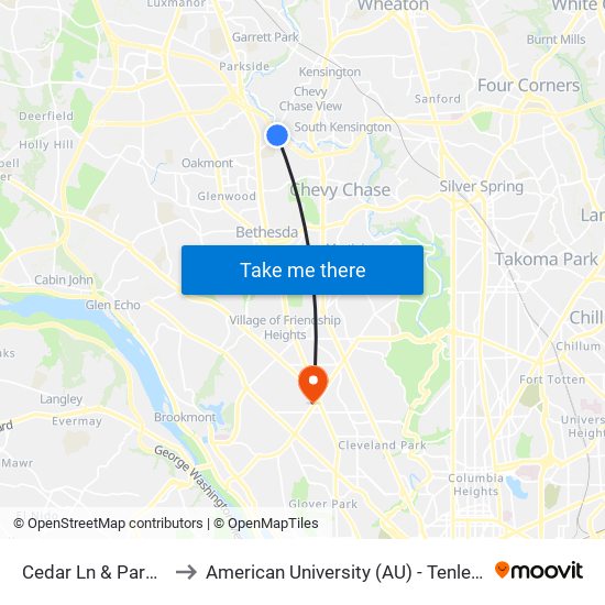 Cedar Ln & Parkhill Dr to American University (AU) - Tenley Campus map