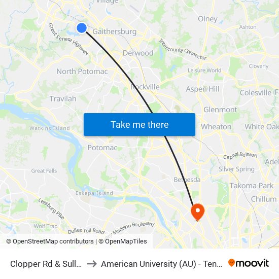 Clopper Rd & Sullnich Wy to American University (AU) - Tenley Campus map