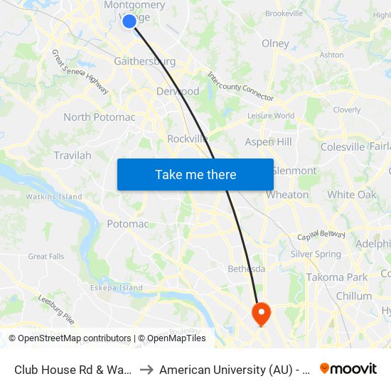 Club House Rd & Watkins Mill Rd to American University (AU) - Tenley Campus map