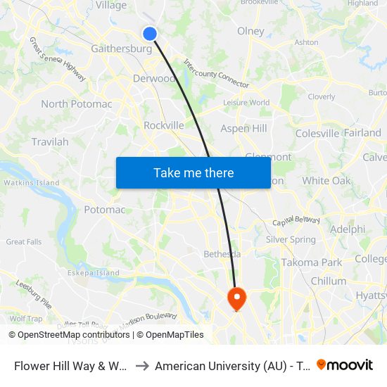 Flower Hill Way & Woodfield Rd to American University (AU) - Tenley Campus map