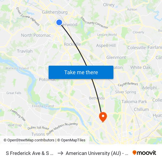 S Frederick Ave & S Westland Dr to American University (AU) - Tenley Campus map