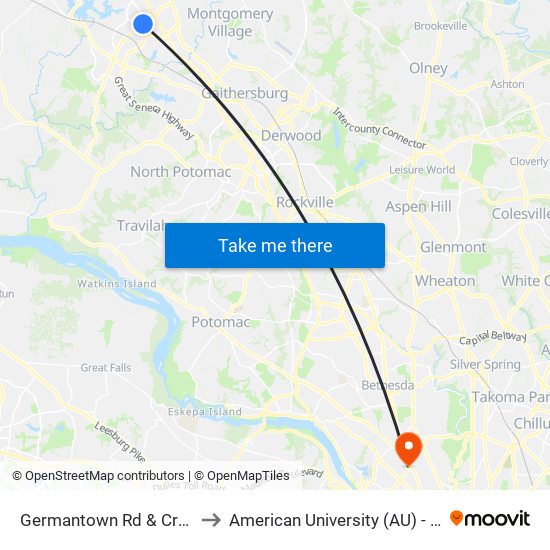 Germantown Rd & Crystal Rock Dr to American University (AU) - Tenley Campus map