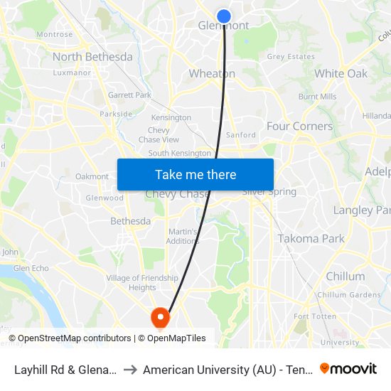 Layhill Rd & Glenallan Ave to American University (AU) - Tenley Campus map