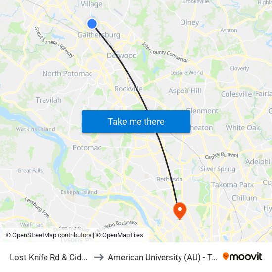 Lost Knife Rd & Cider Mill Apts to American University (AU) - Tenley Campus map