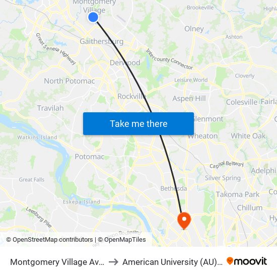 Montgomery Village Ave & Stedwick Rd to American University (AU) - Tenley Campus map