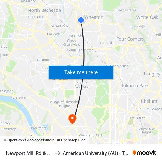 Newport Mill Rd & Astoria Rd to American University (AU) - Tenley Campus map