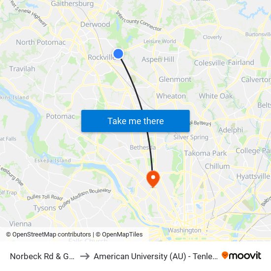 Norbeck Rd & Gude Dr to American University (AU) - Tenley Campus map