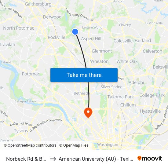 Norbeck Rd & Bauer Dr to American University (AU) - Tenley Campus map