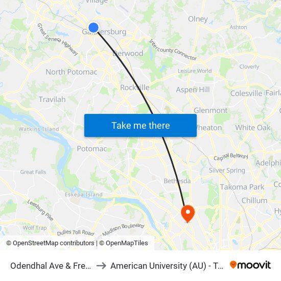 Odendhal Ave & Frederick Ave to American University (AU) - Tenley Campus map