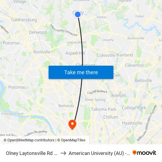 Olney Laytonsville Rd & Georgia Ave to American University (AU) - Tenley Campus map