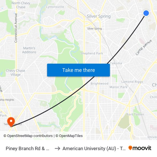 Piney Branch Rd & Garland Ave to American University (AU) - Tenley Campus map