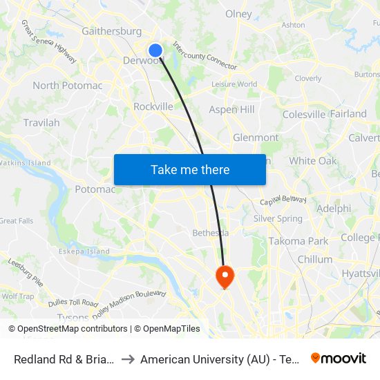 Redland Rd & Briardale Rd to American University (AU) - Tenley Campus map