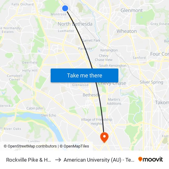 Rockville Pike & Halpine Rd to American University (AU) - Tenley Campus map