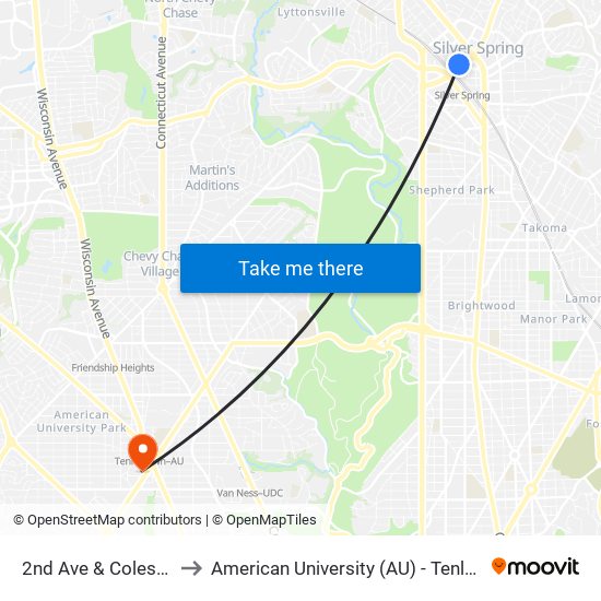 2nd Ave & Colesville Rd to American University (AU) - Tenley Campus map