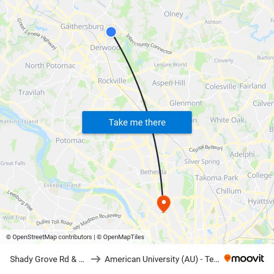 Shady Grove Rd & Tupelo Dr to American University (AU) - Tenley Campus map