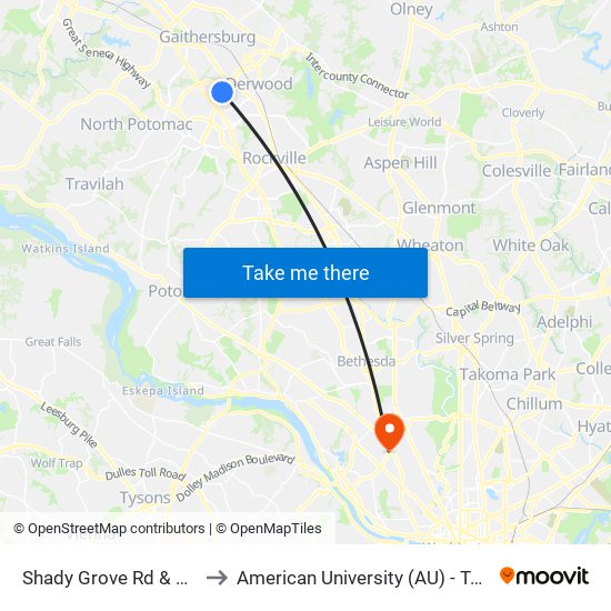 Shady Grove Rd & Gaither Rd to American University (AU) - Tenley Campus map