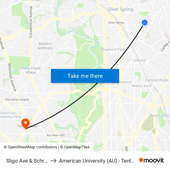 Sligo Ave & Schrider St to American University (AU) - Tenley Campus map