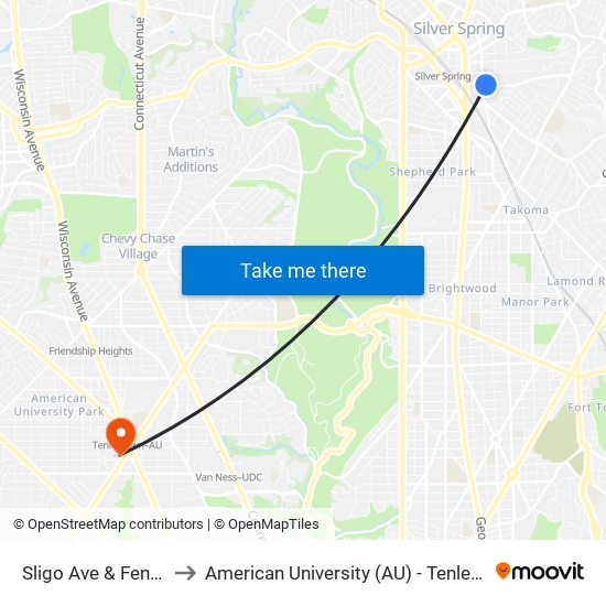 Sligo Ave & Fenton St to American University (AU) - Tenley Campus map