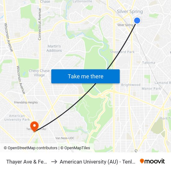 Thayer Ave & Fenton St to American University (AU) - Tenley Campus map