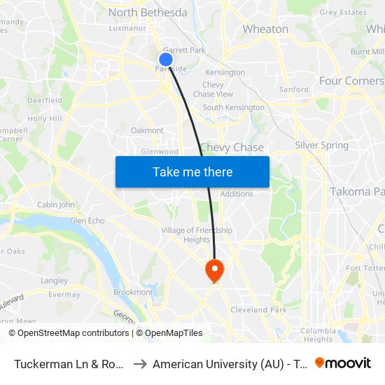 Tuckerman Ln & Rockville Pike to American University (AU) - Tenley Campus map