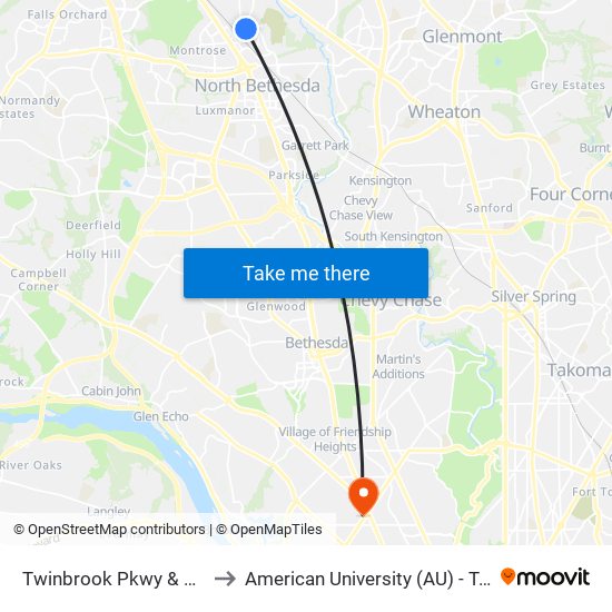 Twinbrook Pkwy & Parklawn Dr to American University (AU) - Tenley Campus map