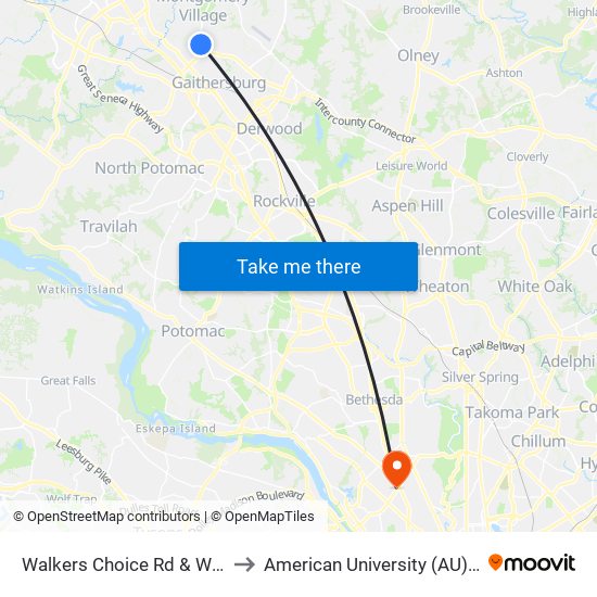 Walkers Choice Rd & Walkers House Rd to American University (AU) - Tenley Campus map