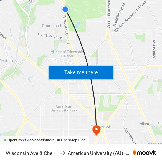 Wisconsin Ave & Chevy Chase Blvd to American University (AU) - Tenley Campus map