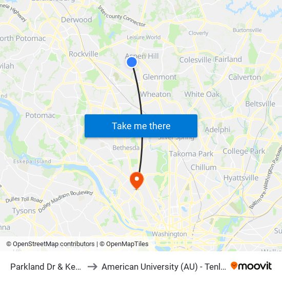 Parkland Dr & Keating St to American University (AU) - Tenley Campus map