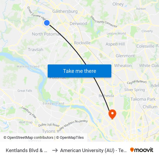 Kentlands Blvd & Market St to American University (AU) - Tenley Campus map